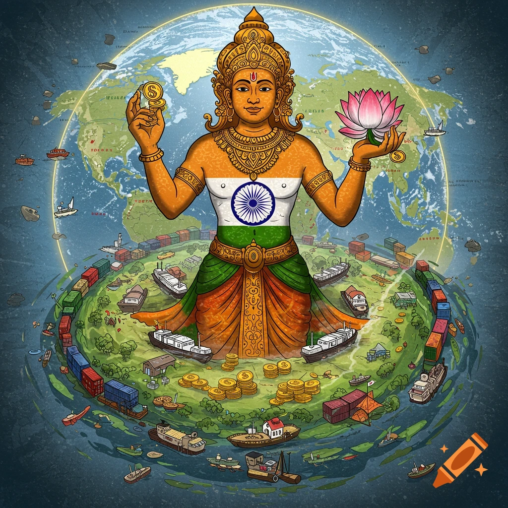 Stylized figure with Indian flag holding coin and lotus, emerging from Earth globe with ships, containers, and coins.
