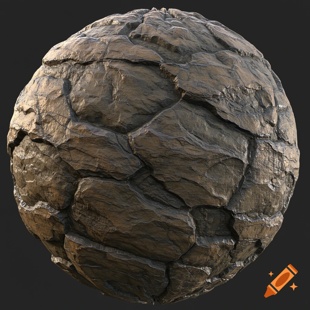 A close-up of a sphere covered in rough, dark rock texture.