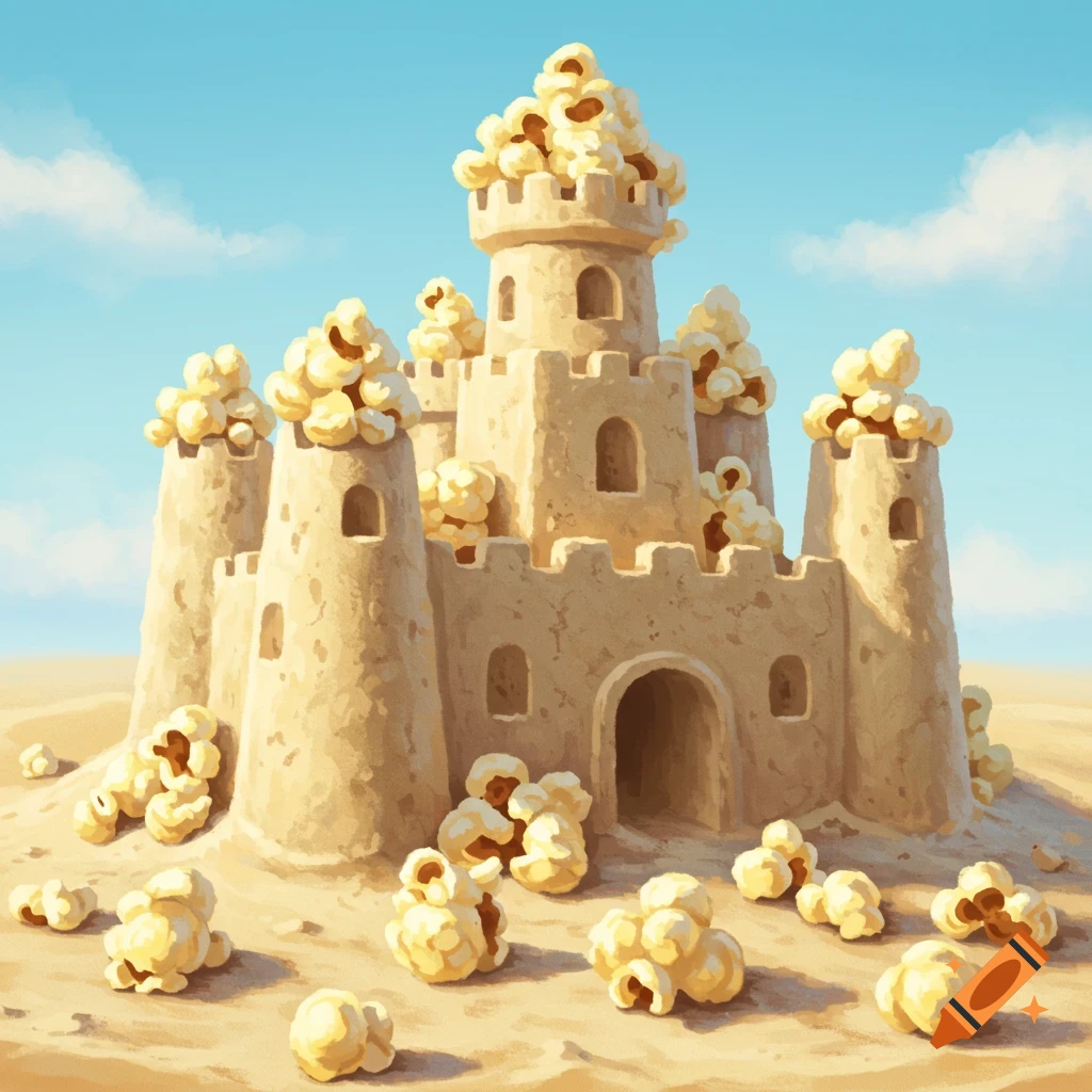 A sandcastle made of popcorn kernels on a beach.