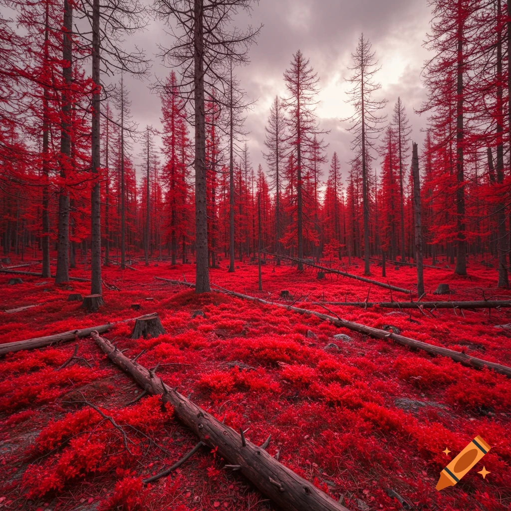 Forest floor covered in vibrant red foliage with bare trees under an overcast sky.