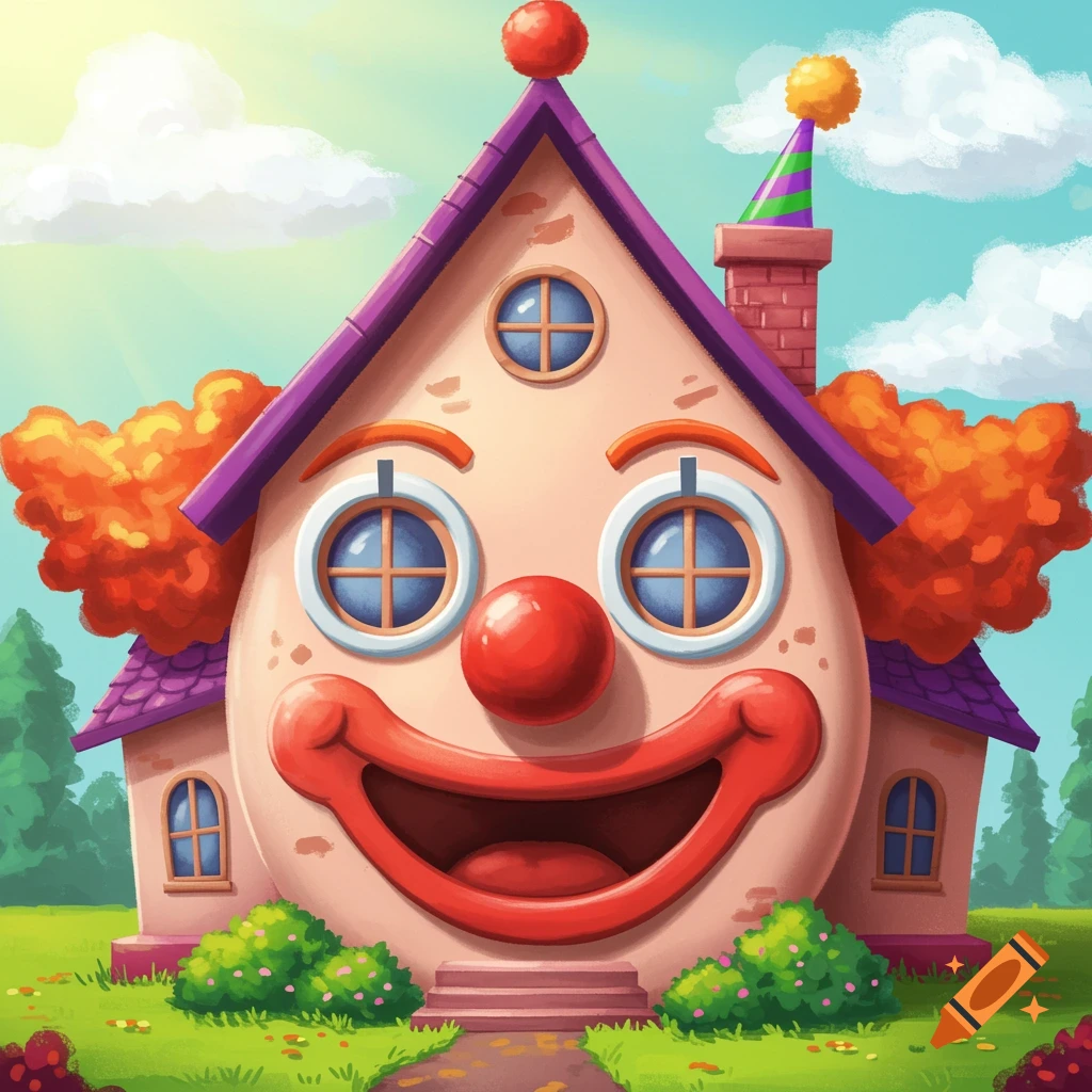A whimsical cartoon house shaped like a clown's face in a sunny landscape.
