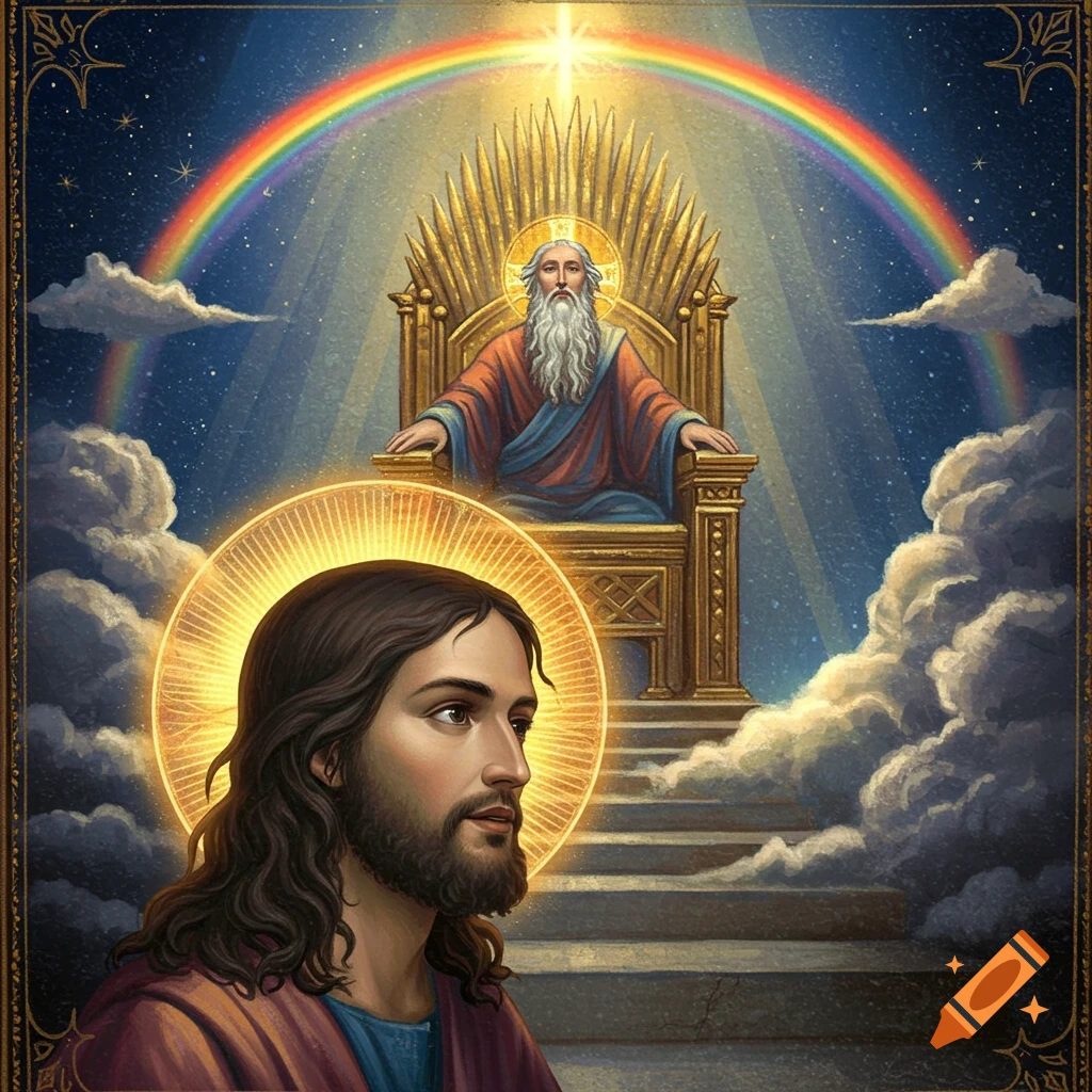 Jesus looking towards God on a golden throne in the sky with a rainbow.