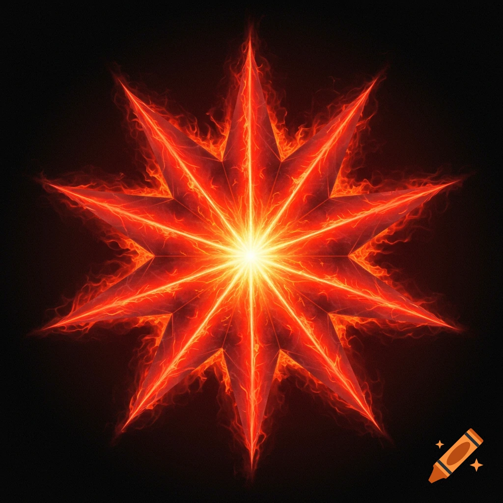 A glowing red and orange 12-pointed star on fire against a black background.