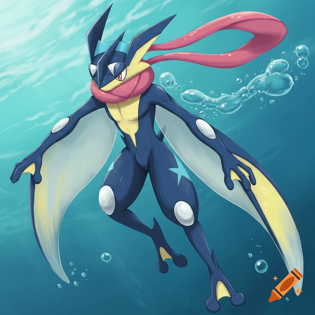 Greninja swimming underwater with its scarf flowing.