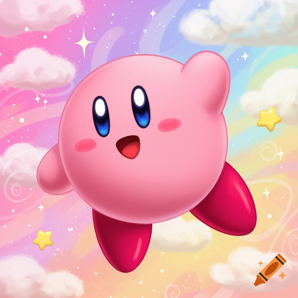 Kirby the pink puffball flying through a vibrant, starry sky with clouds.