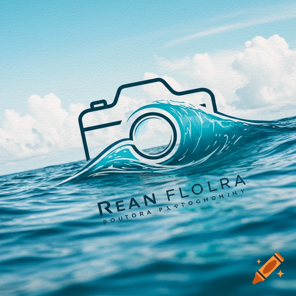 Logo concept: camera outline intertwined with an ocean wave above the water surface under a cloudy sky.