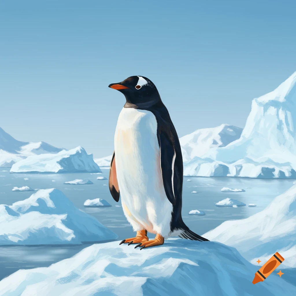 A penguin standing on an iceberg in a sunny polar landscape.