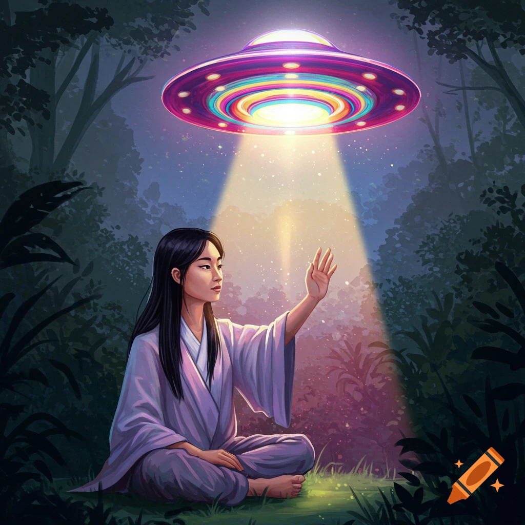A person meditates in a forest as a colorful UFO shines a light down.
