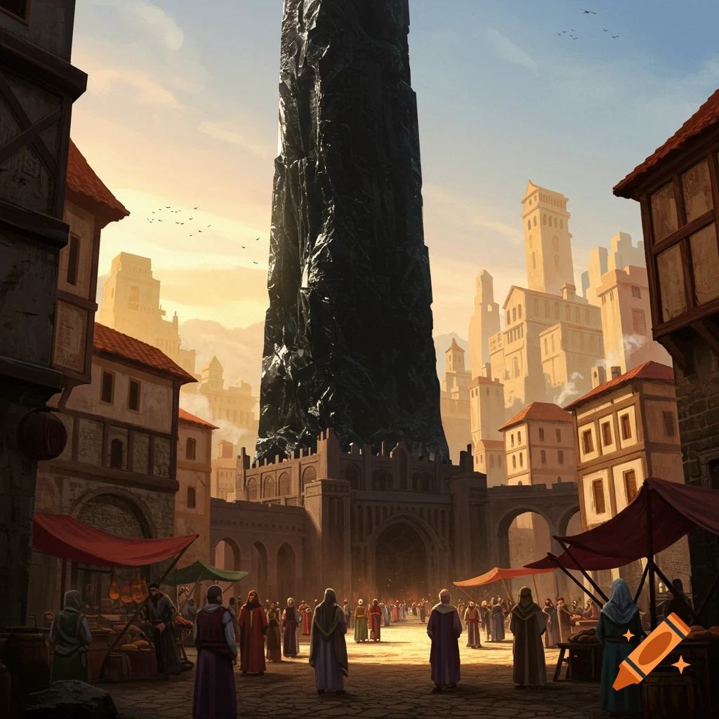 A busy medieval market under a massive dark tower