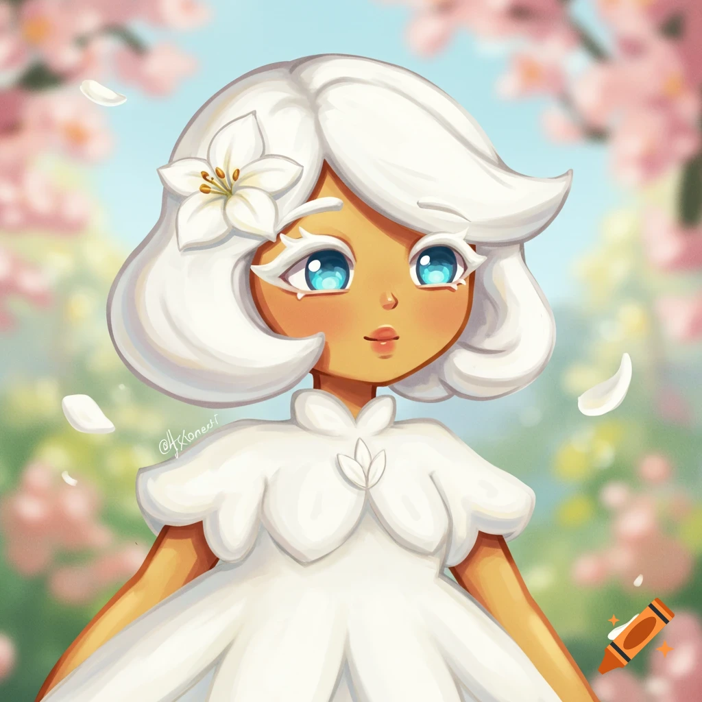 A white-haired character in a white dress stands among cherry blossoms.