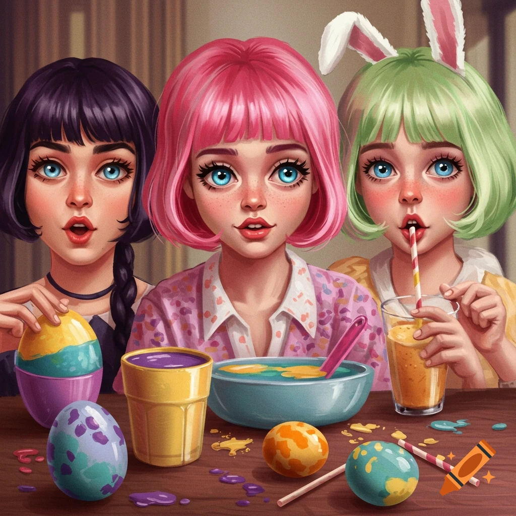 Three girls with colorful hair decorating Easter eggs at a table.
