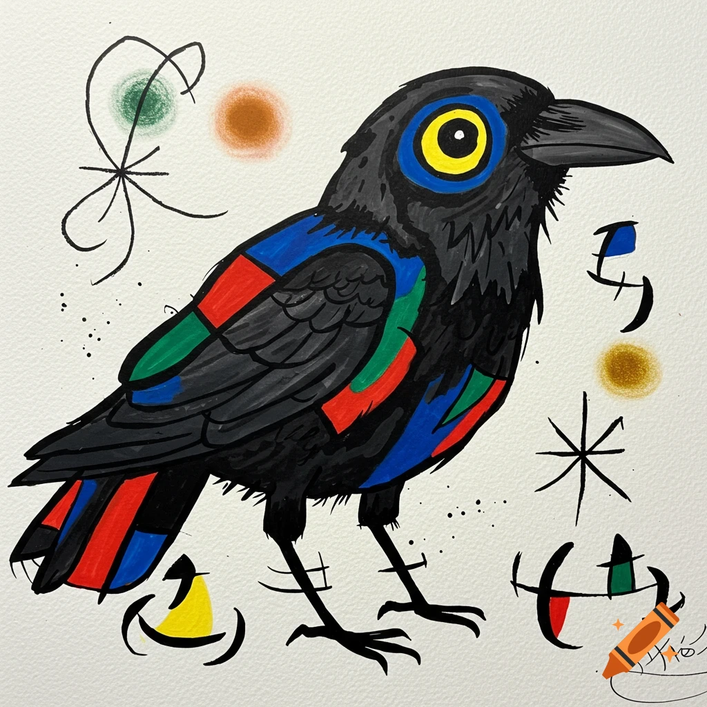 A black bird with colorful blue, red, and green patterns in the style of Joan Miró with abstract shapes.