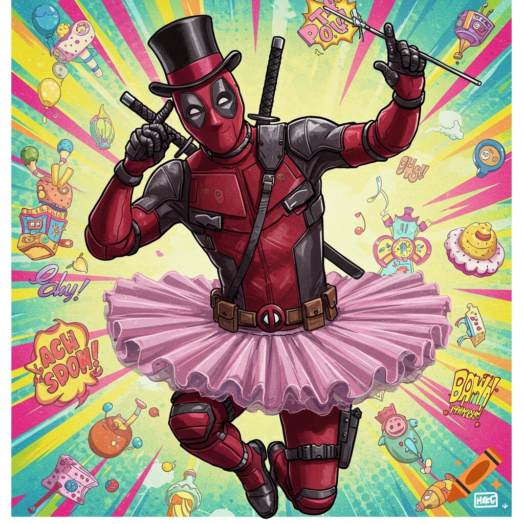 Deadpool in a pink tutu and top hat floats surrounded by colorful objects and text in a comic-book style image.