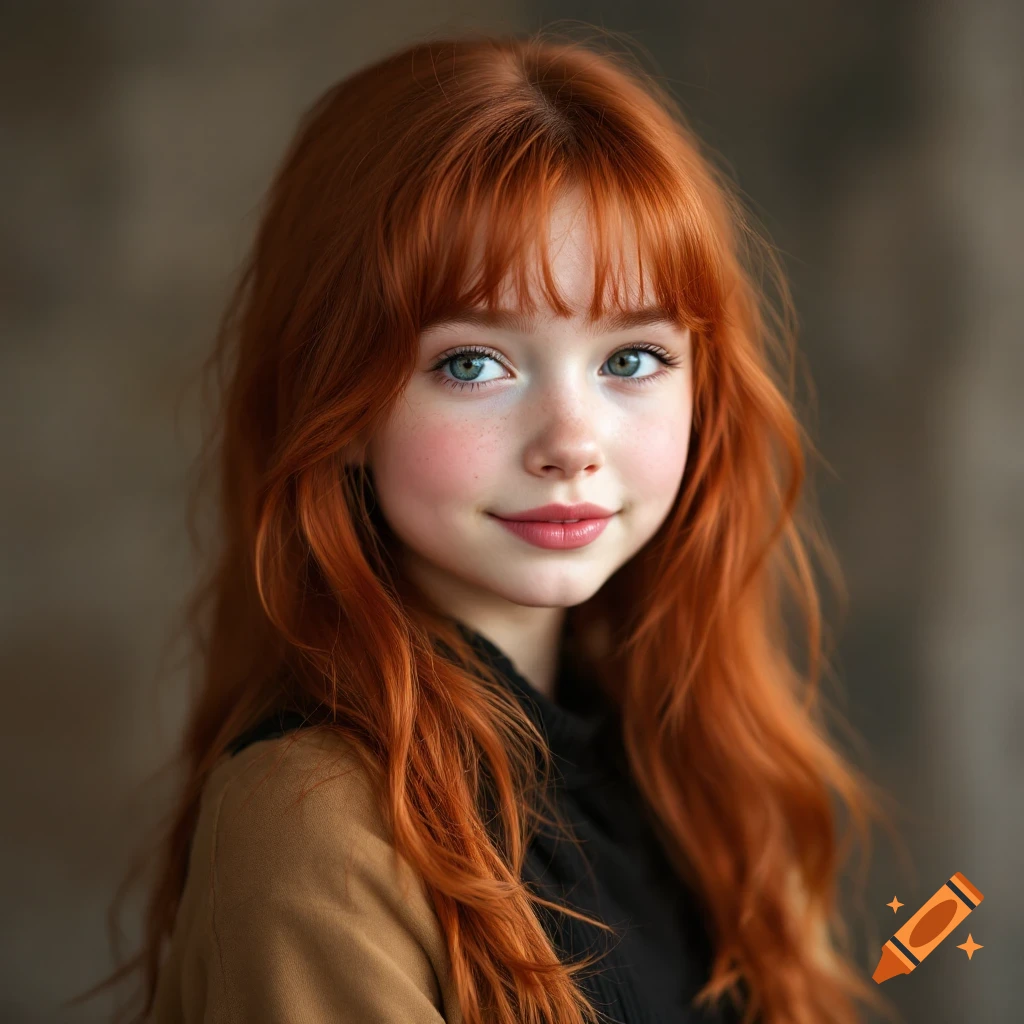 A photorealistic portrait of a young girl with long red hair and blue eyes, looking at the camera.