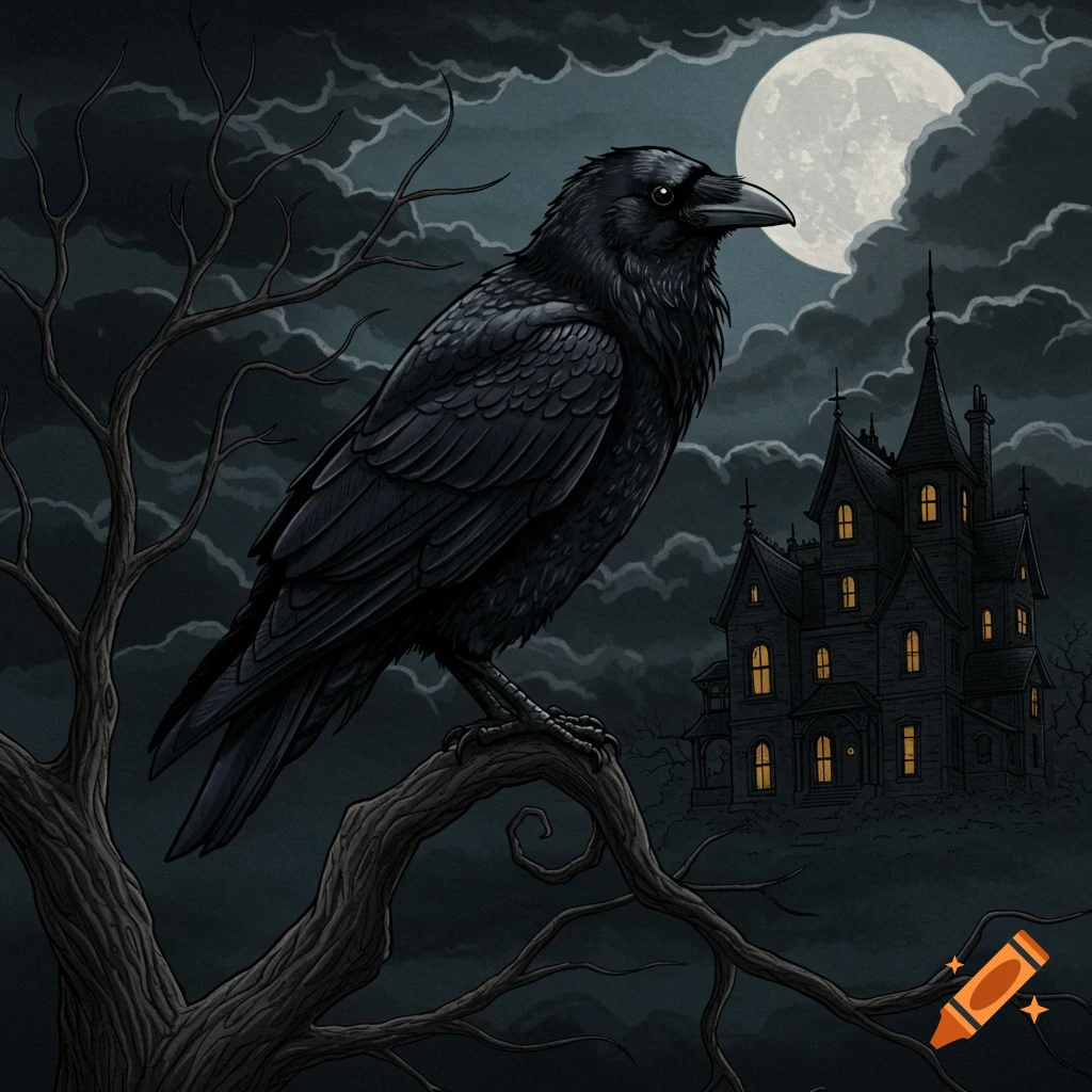 A black raven perched on a branch with a haunted house and full moon in the background.