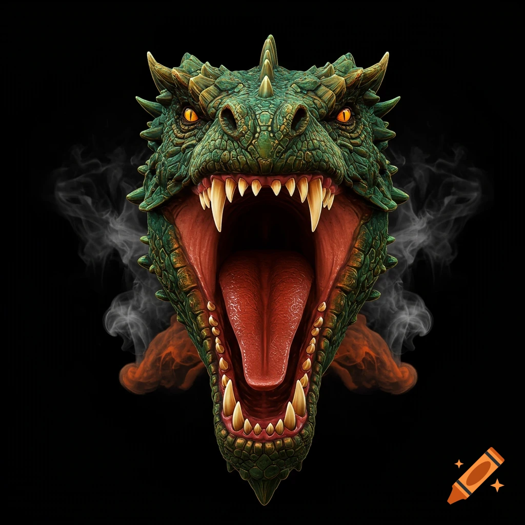 Close-up frontal view of a realistic green dragon head with its mouth wide open, showing teeth and tongue, with smoke.