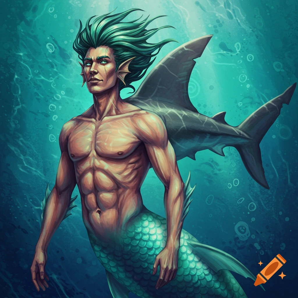 A merman with a shark fin on his back swims underwater.