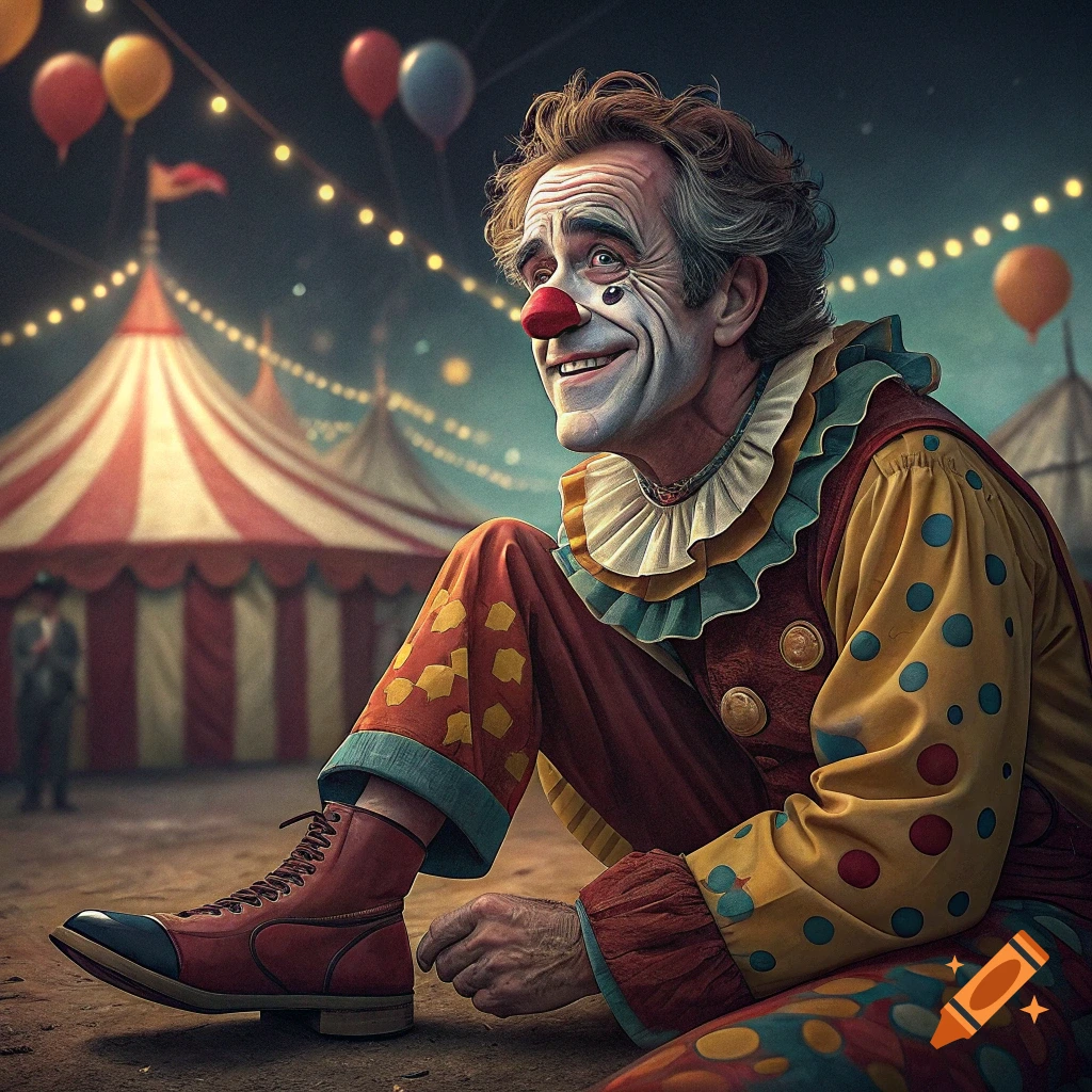 A detailed image of a clown in makeup and costume sitting on the ground outside a circus tent at night.
