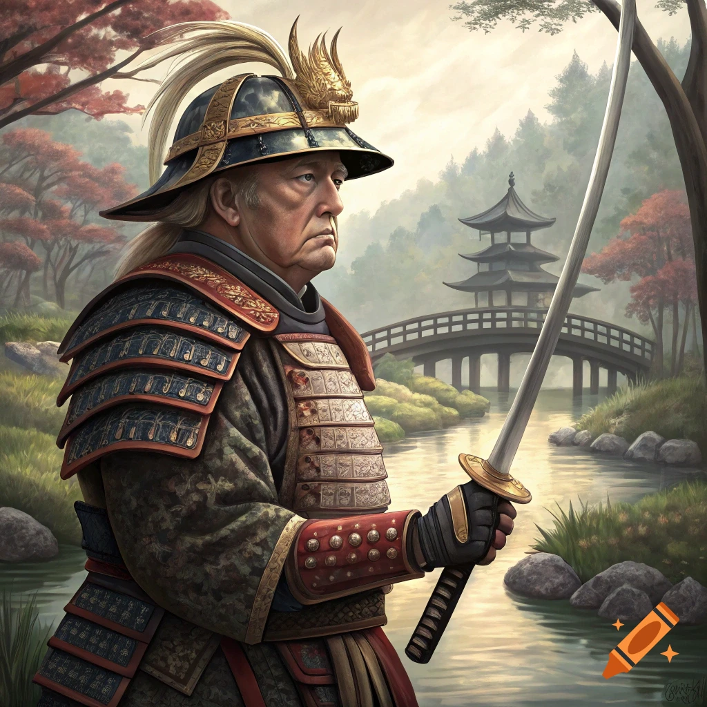 Donald Trump in samurai armor holding a sword in a Japanese landscape with a river and bridge.