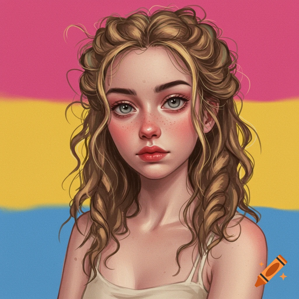 Digital portrait of a young woman with curly hair against the pansexual flag.