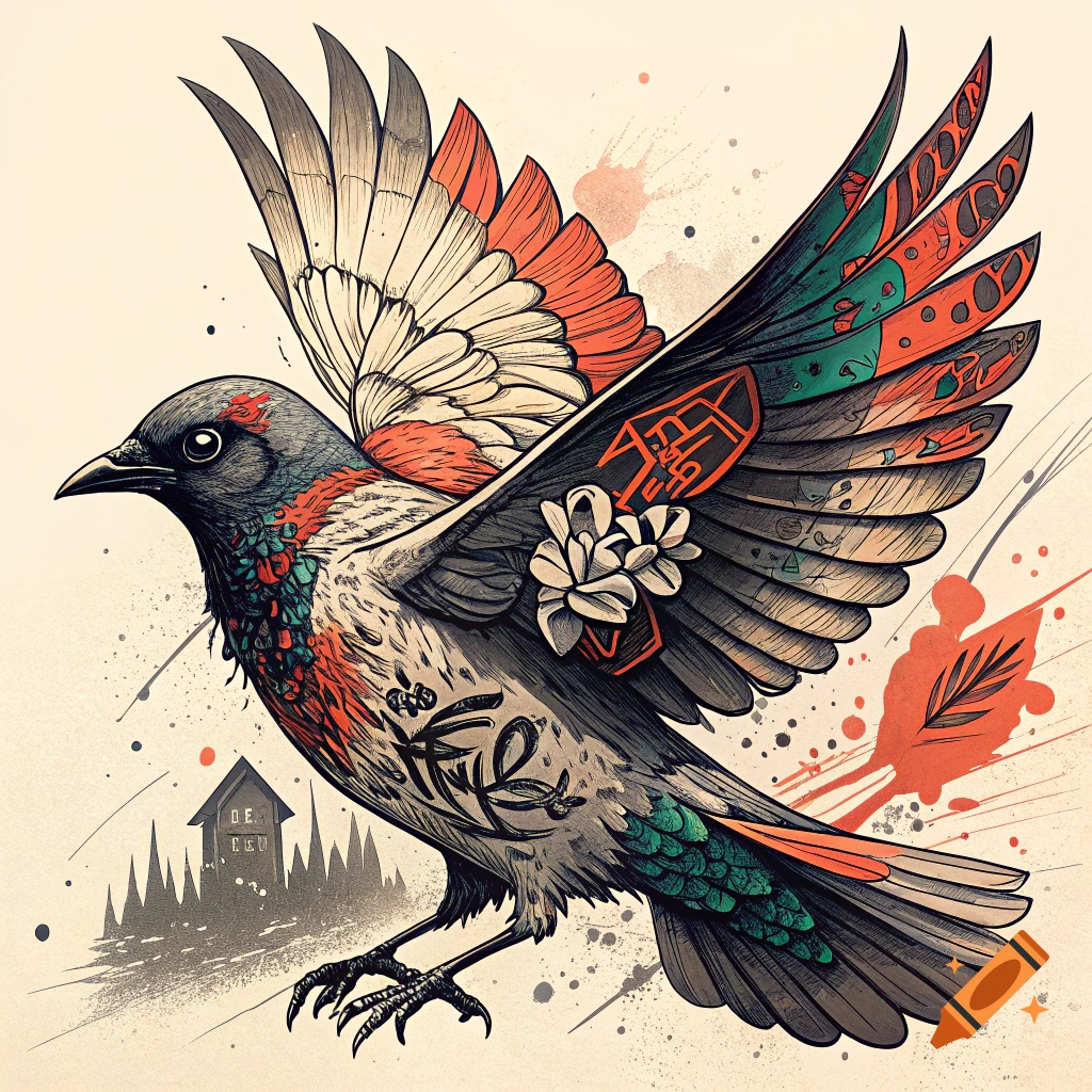 Stylized illustration of a bird with graphic patterns and text flying.