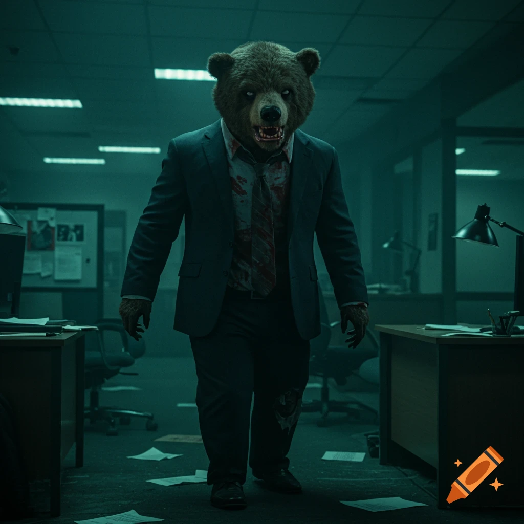 A figure with a bear head wearing a dark suit with a bloody shirt and tie stands in a dim office setting with papers scattered on the floor. Photorealistic style.