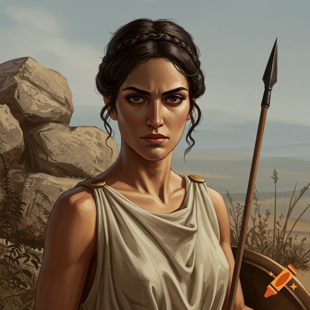 A spartan woman with spear and shield in a rocky landscape.