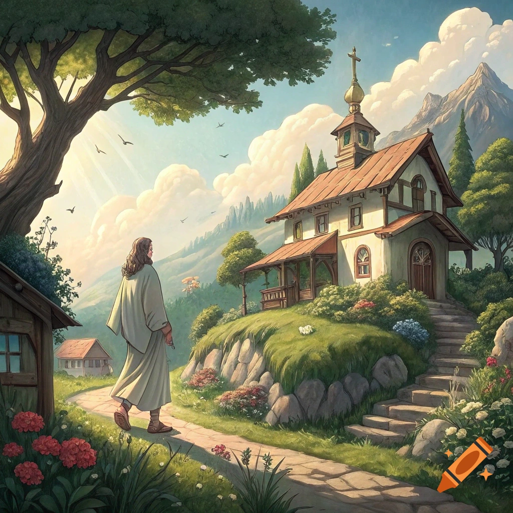 A figure walks along a path towards a church on a hill in a peaceful landscape, rendered in a Ghibli-like style.