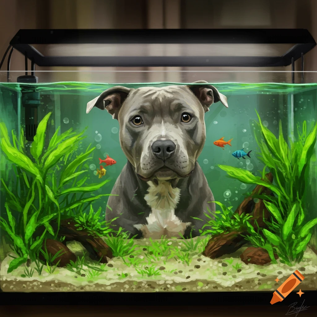 A gray pitbull is inside a fish tank with plants and fish.