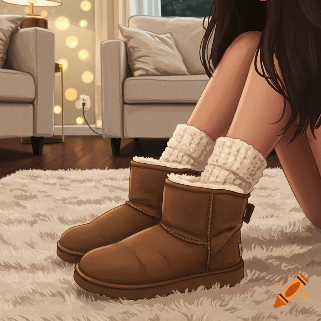 Person wearing brown boots and fuzzy socks on a white rug in a cozy room.