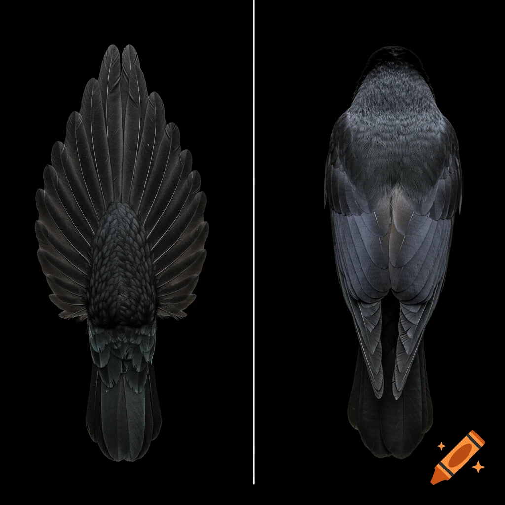 Two detailed views of bird tails and lower bodies with black and dark gray feathers.