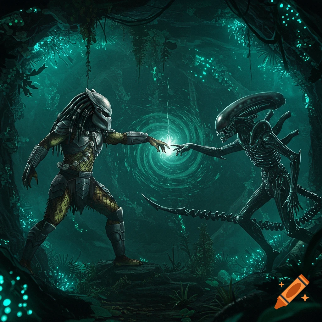 Predator and Alien touch hands like Creation of Adam in a dark, atmospheric cave with a swirling portal and glowing lights.