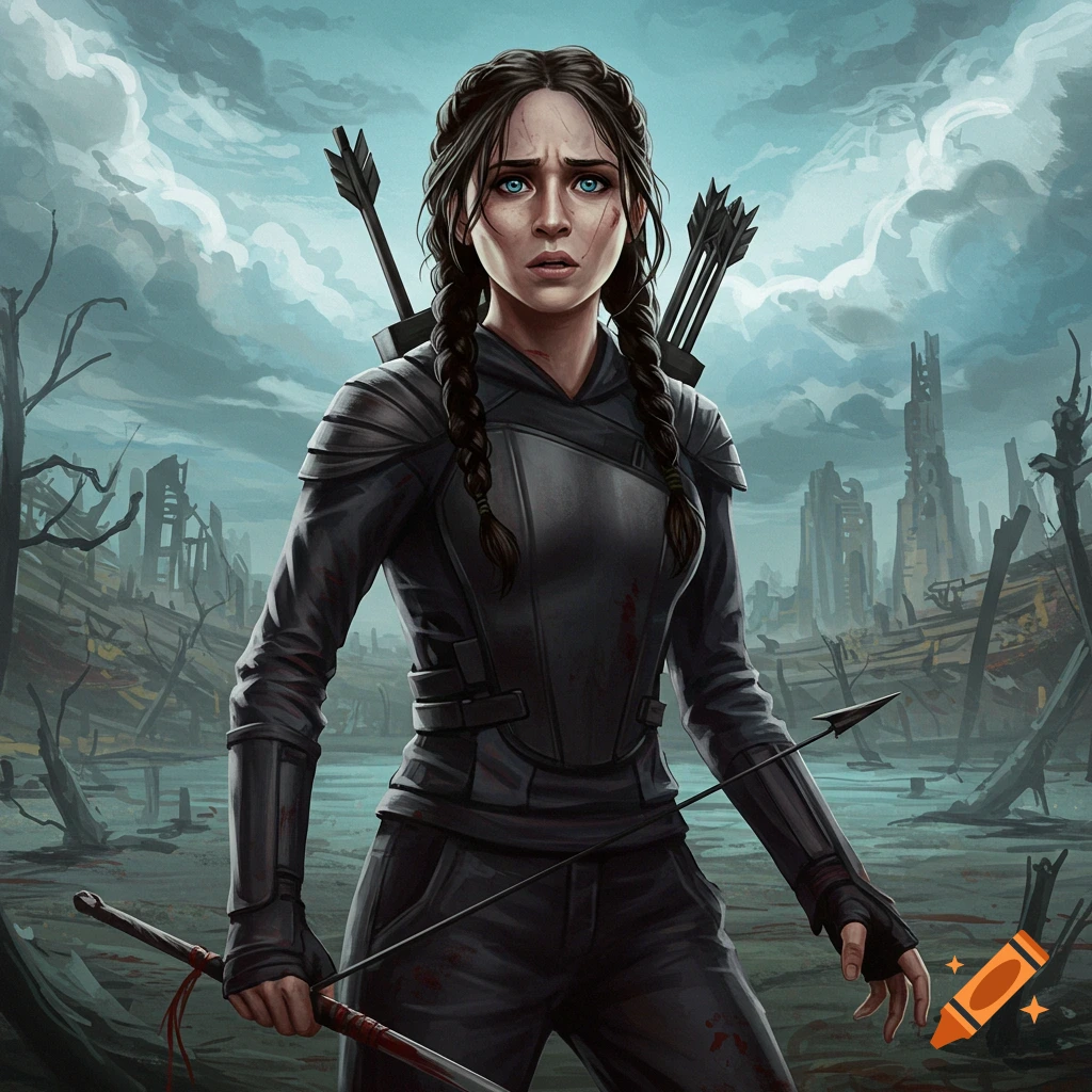 A female character with braids is holding a bow and arrow in a ruined, watery city landscape.