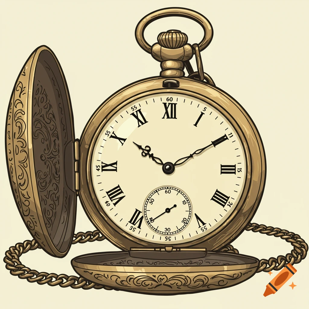 Vector graphic of an open gold hunter case pocket watch with a chain