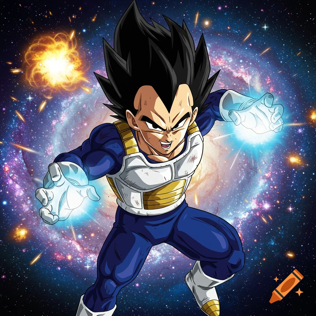 Vegeta from Dragon Ball Z charging an energy attack in space.