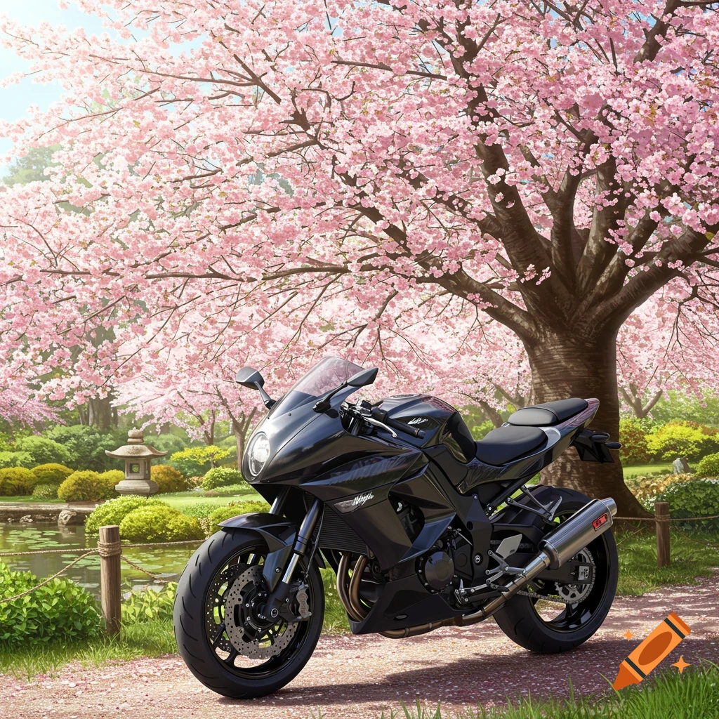 A black motorcycle parked under a large pink cherry blossom tree in a Japanese garden.