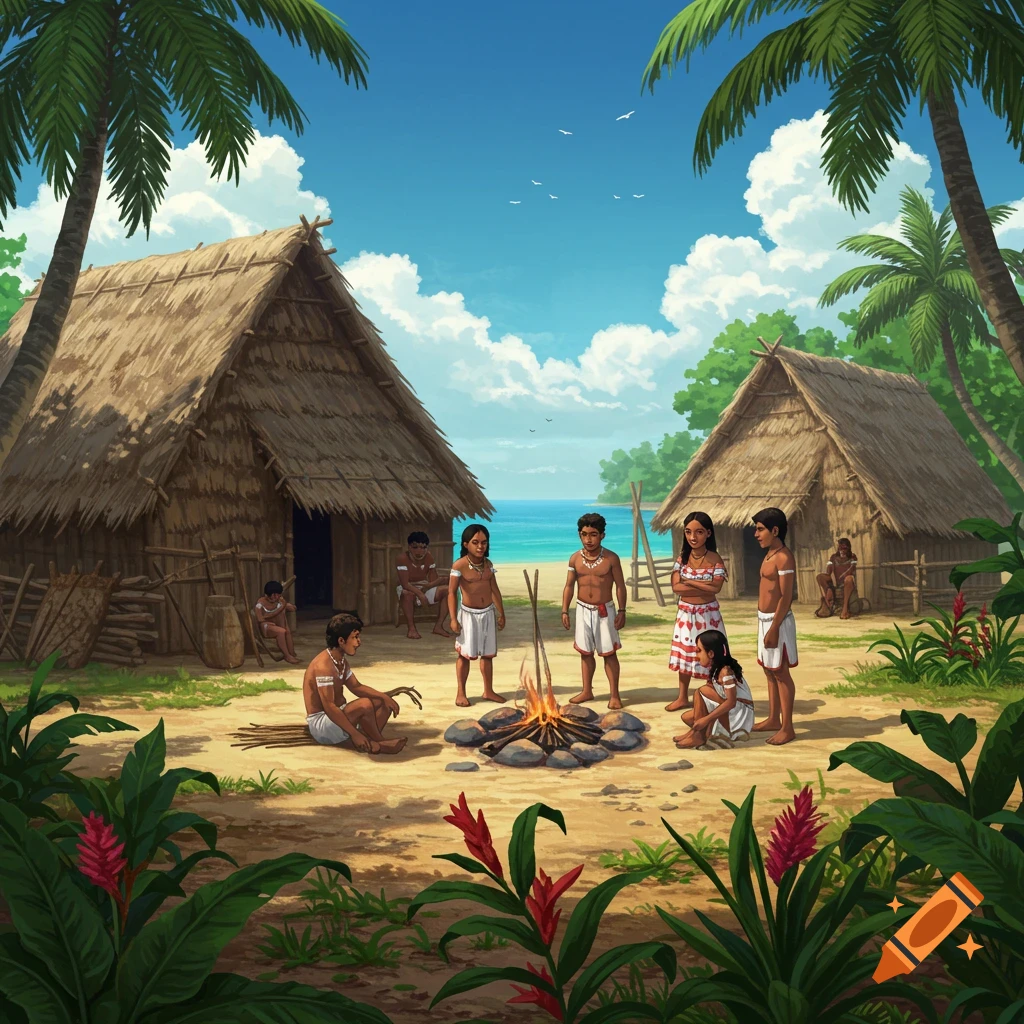 Anime illustration of Taino people in a coastal village with thatched huts, gathered around a fire.