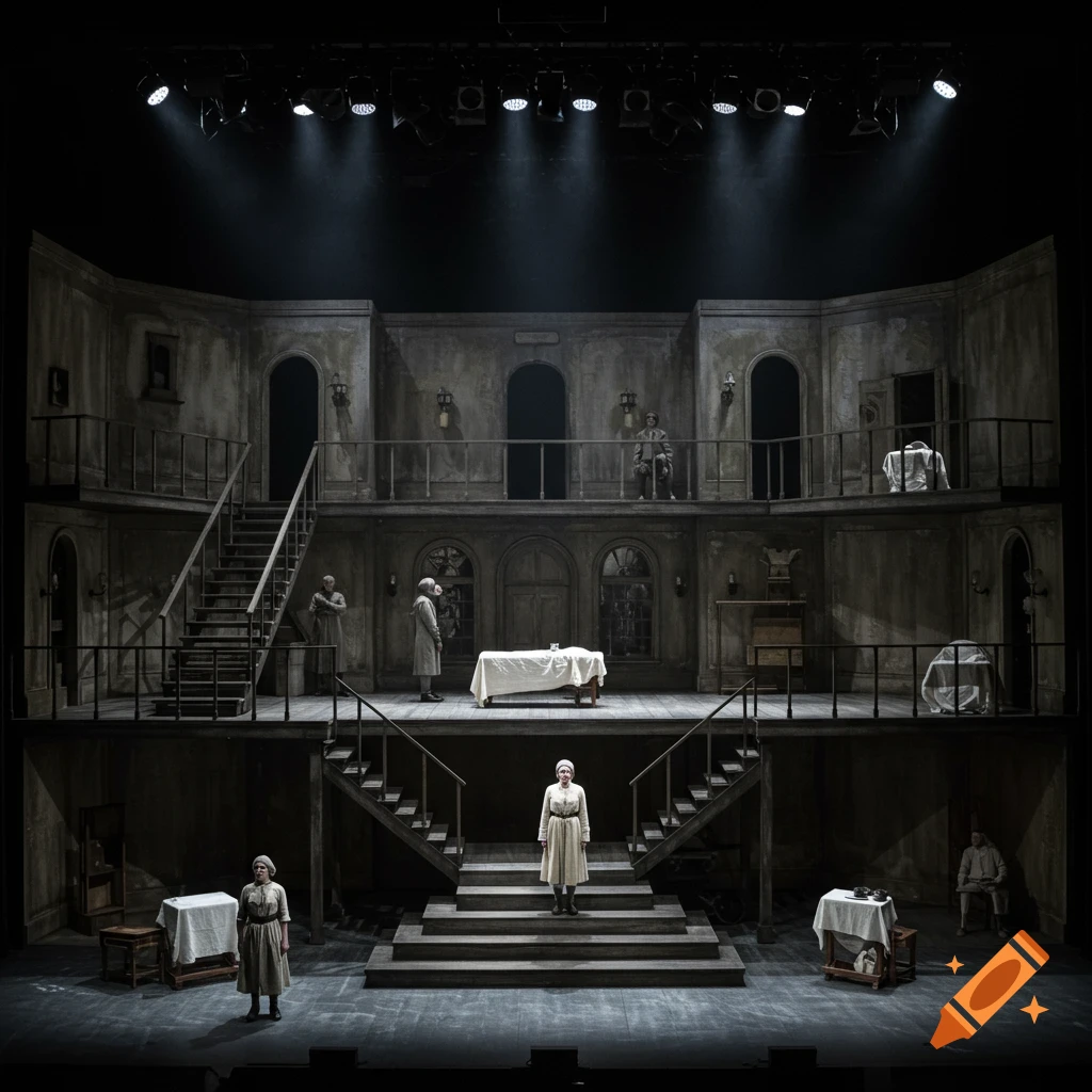 A stage set for a play resembling a multi-level Victorian hospital interior with actors.