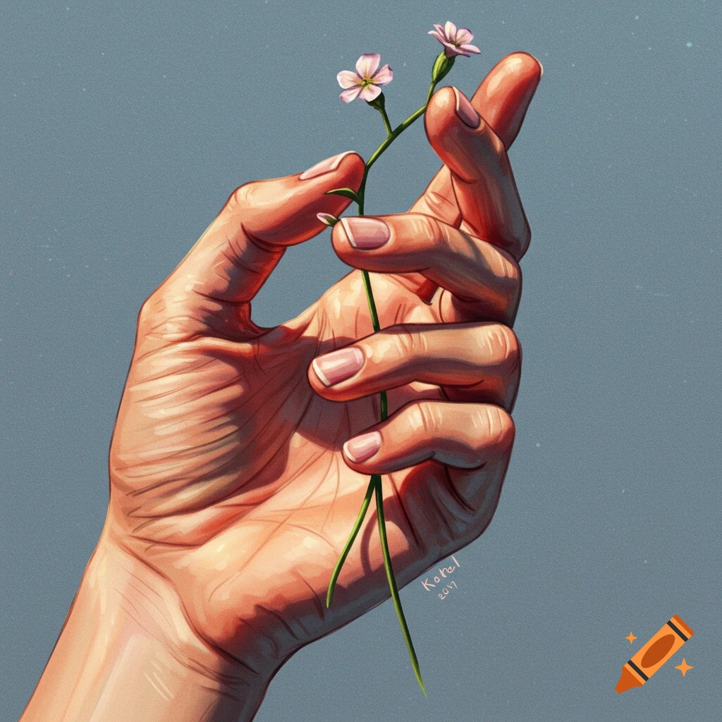 A close-up of a hand holding a thin stem with two small pink flowers against a blue background, dramatic lighting.