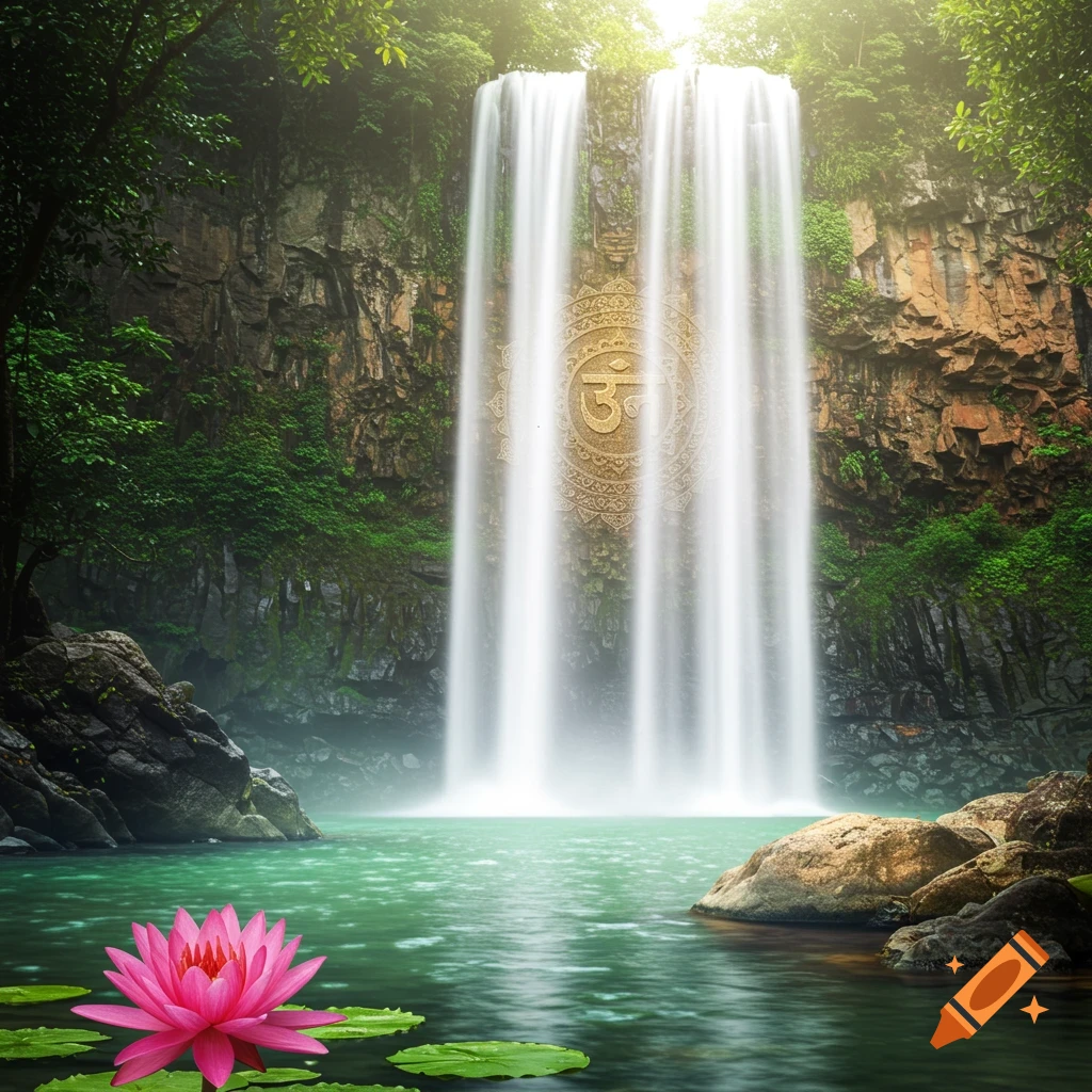 A waterfall with an Om symbol on a cliff face and a pink lotus flower in the foreground.