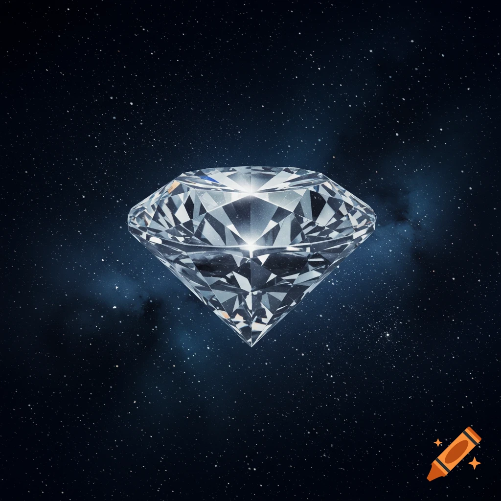 A brilliant cut diamond floats against a starry night sky with nebulae.