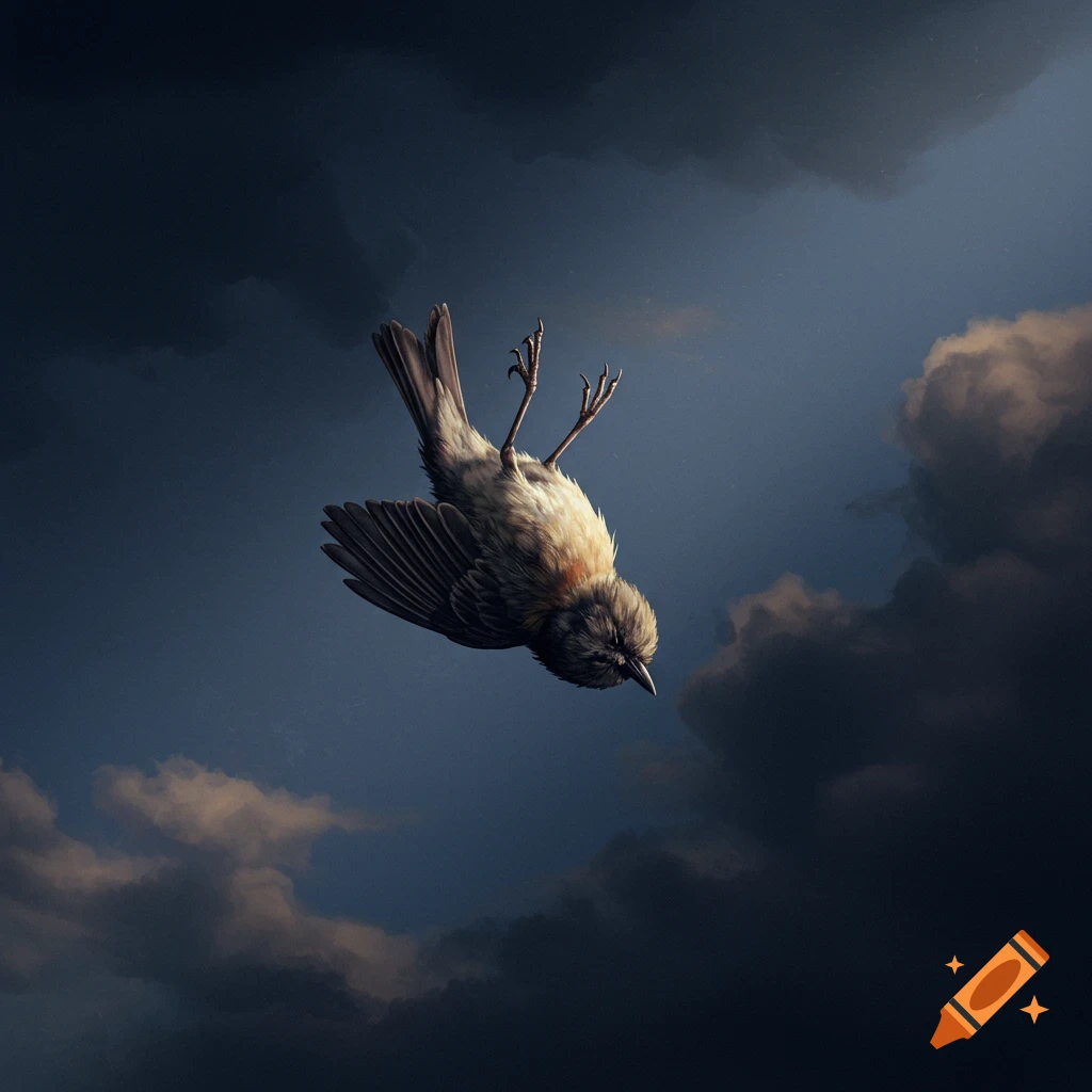 A dead bird falls through a dark, cloudy sky.