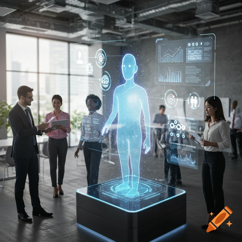 Business people viewing a holographic human body display with data in an office.