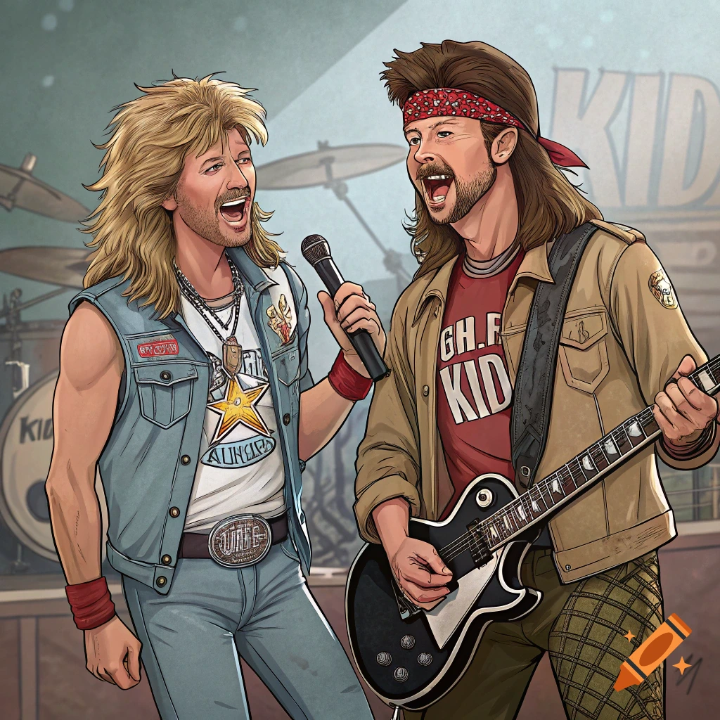 Illustration of two musicians in 80s rock attire on stage with instruments.