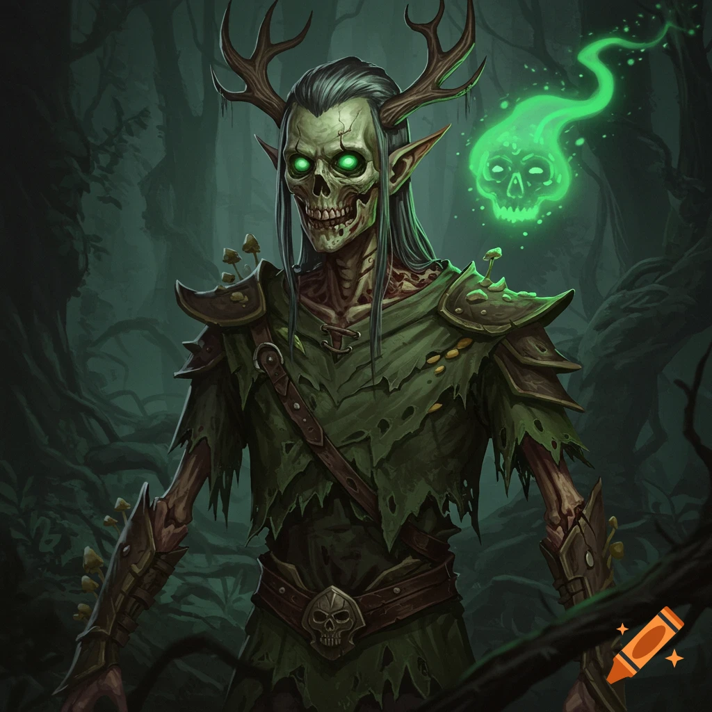An undead wood elf in a dark forest with glowing green eyes and a spectral skull.