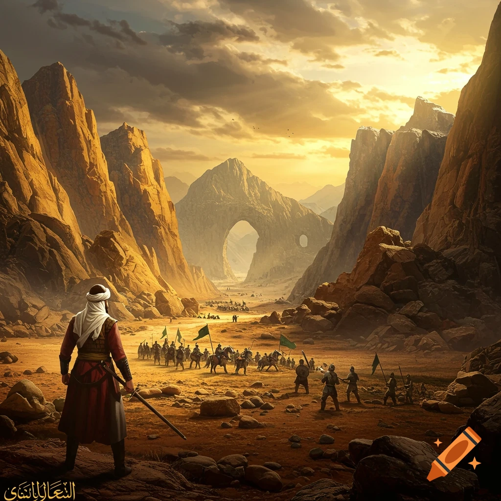 A historical/religious battle scene in a desert landscape. A figure stands in the foreground observing an army marching towards a distant fort through mountains.