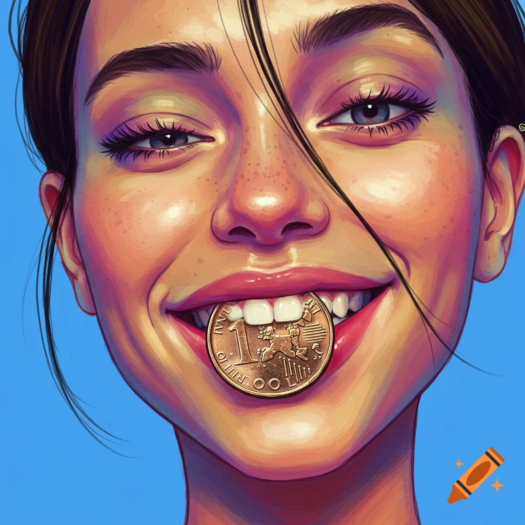 Close-up portrait of a smiling woman holding a coin in her mouth.