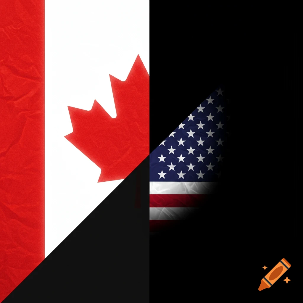 Diagonal split image with the Canadian flag on the left and the US flag on the right.