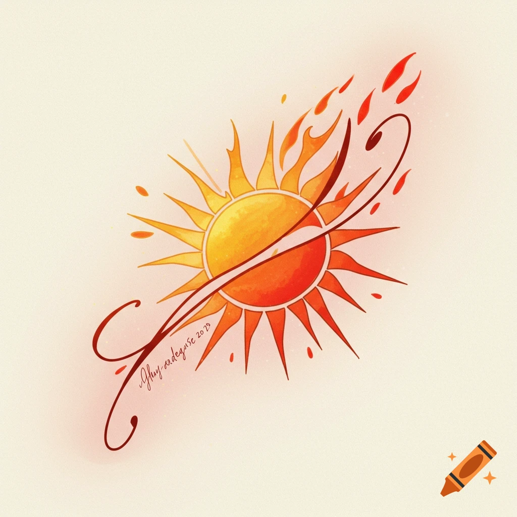 A stylized watercolor-style illustration of a sun with flames and decorative lines.