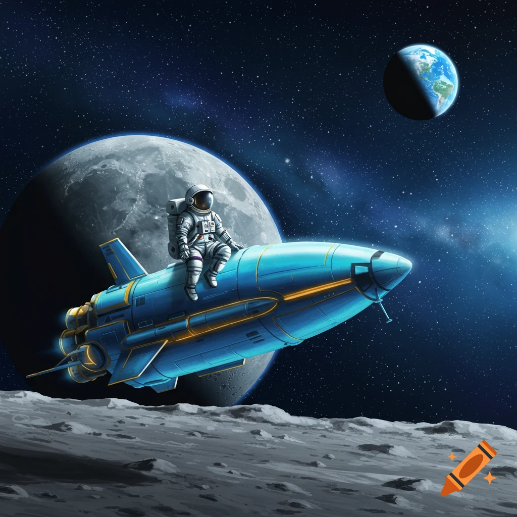 An astronaut sits on a blue rocket on the moon with Earth and stars in the background.